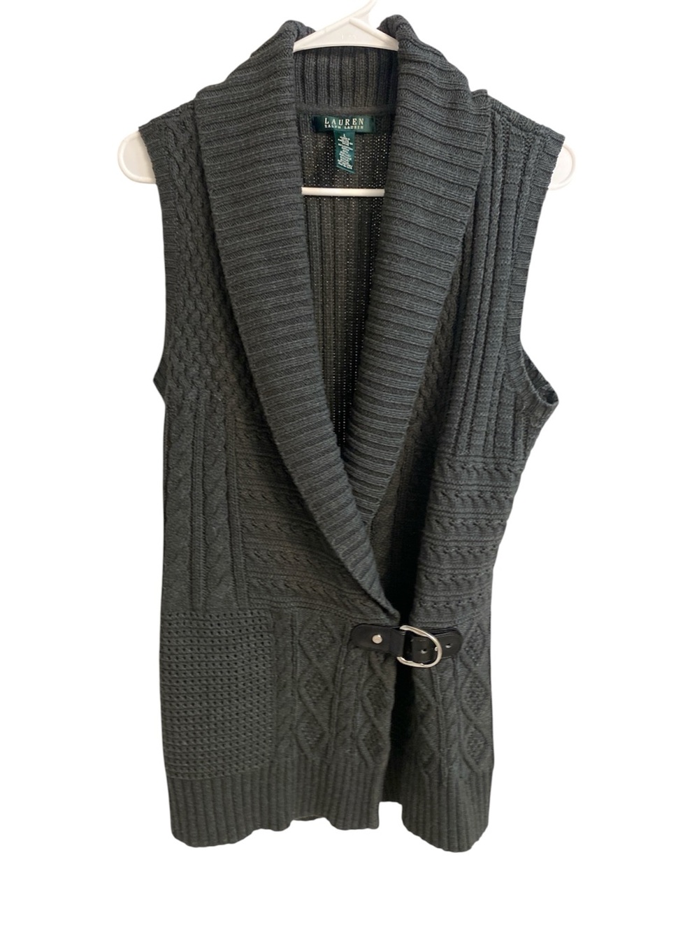 Lauren Ralph Lauren Charcoal Gray Sleeveless Shawl-Collar Knit Vest with Buckle